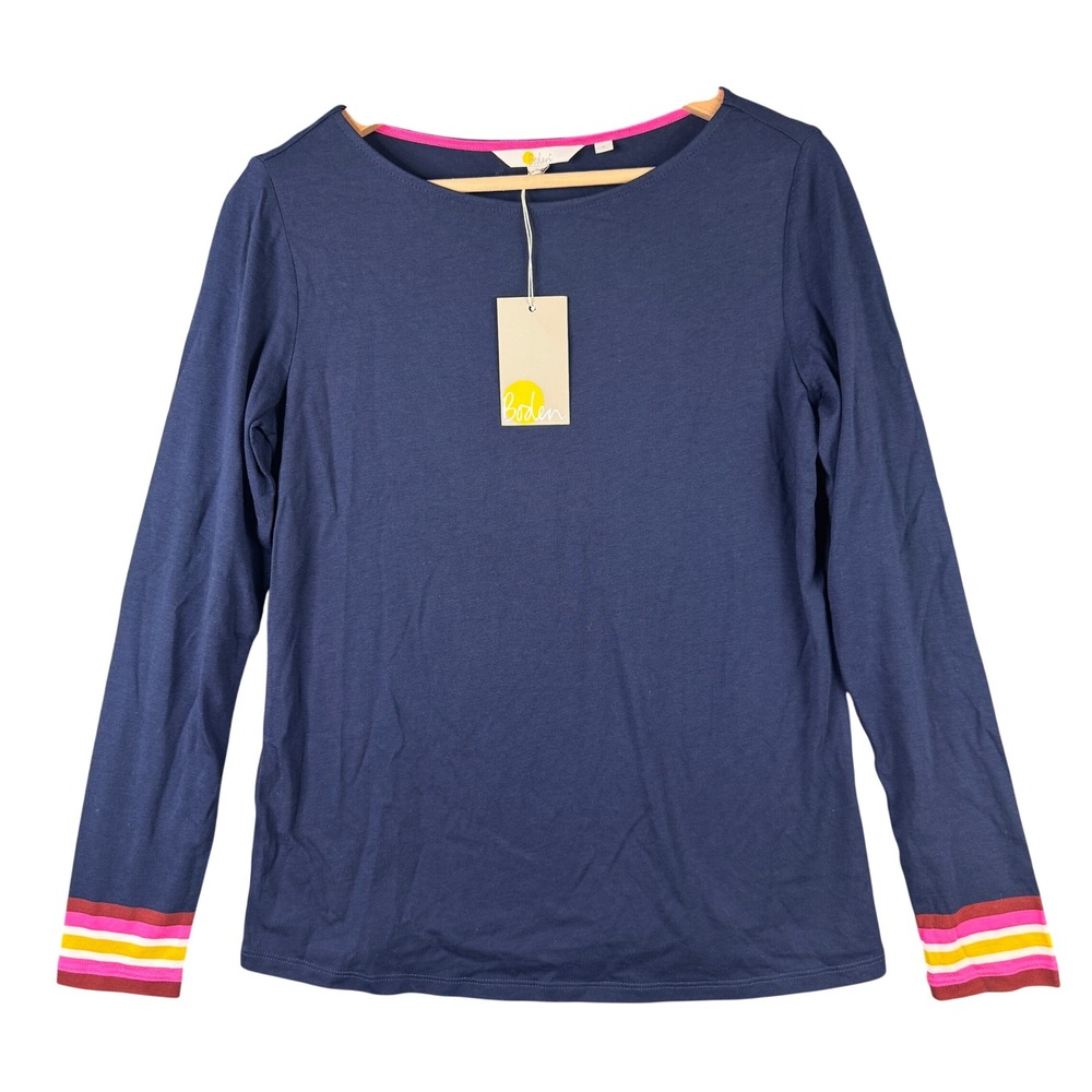 Boden J0497 Navy Blue Boat Neck Long Sleeve T-Shirt Striped Cuffs Small NWT